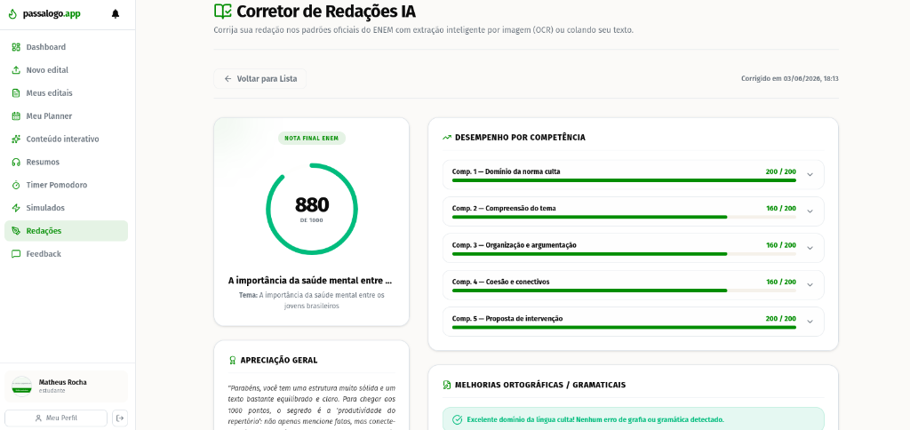 Corretor de Redações IA — nota 880 com feedback por competência